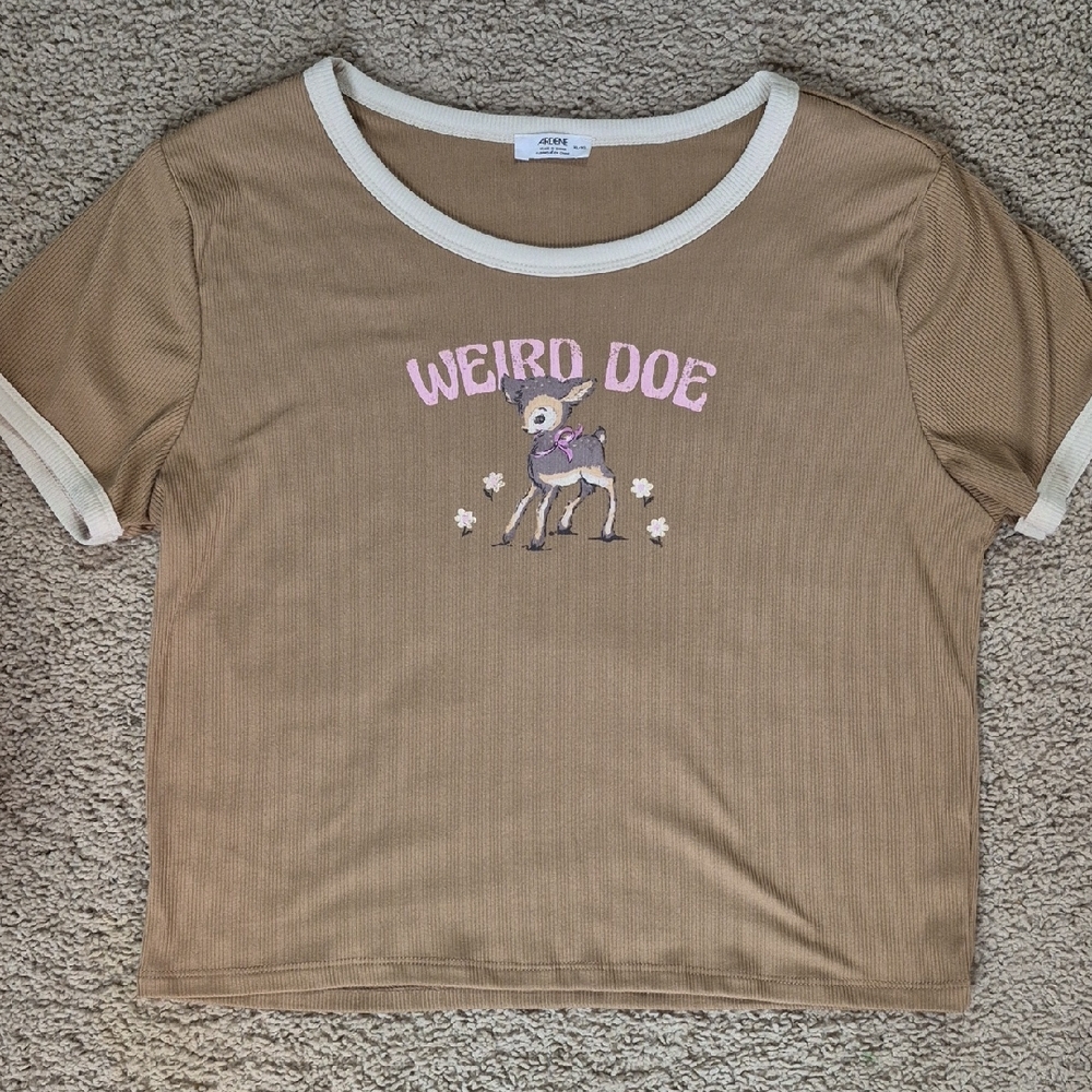 Ardene Tan Ribbed Tee with Cream Trim